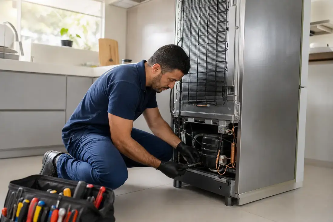 Técnico da TecMaq realizando manutenção de geladeira em residência de Brasília